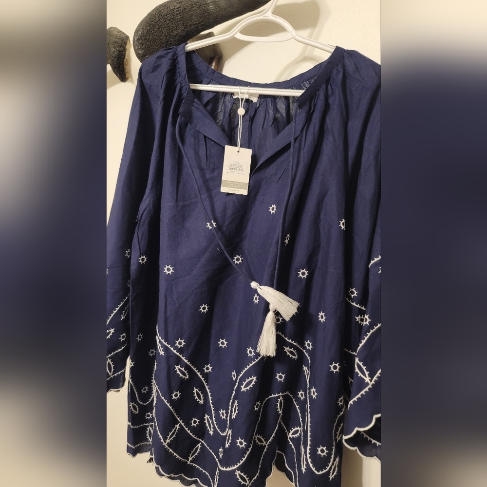 MUD PIE Navy Embroidered Women's BoHo Peasant Style Tunic NWT large